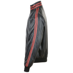 Men Black Leather Jacket with Red Stripes