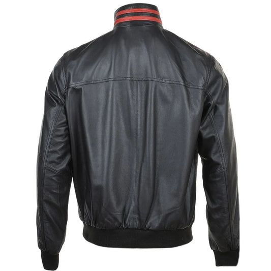 Men Black Leather Jacket with Red Stripes