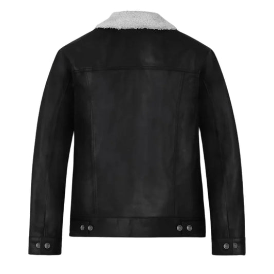 Men Black Shearling Collar Leather Jacket