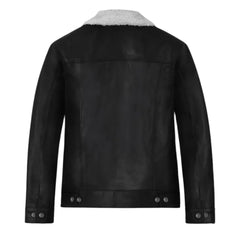 Men Black Shearling Collar Leather Jacket