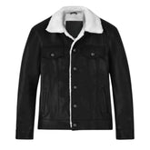 Men Black Shearling Collar Leather Jacket