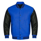 Men Blue Black Leather Sleeves Baseball Jacket