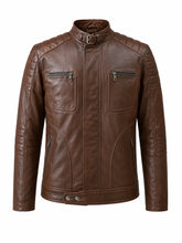 Men Classic Brown Quilted Leather Jacket Front