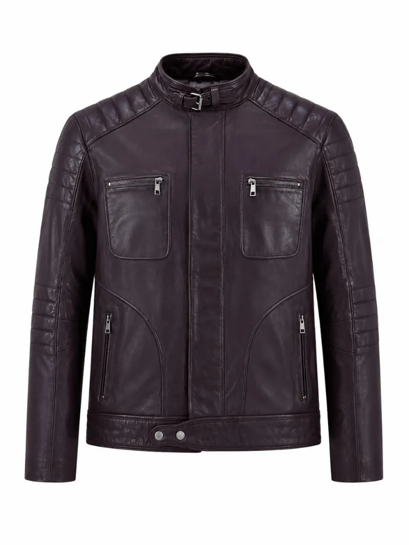 Men Classic Purple Quilted Leather Jacket Front