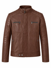 Men Classic Tan Quilted Leather Jacket Front