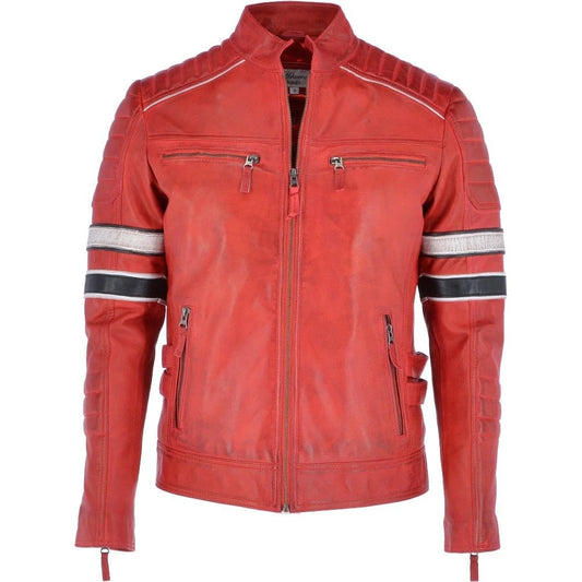 Men Red Striped Sleeves Leather Jacket