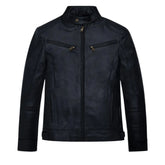 Men's Black Leather Zip Chest-Pocket Jacket