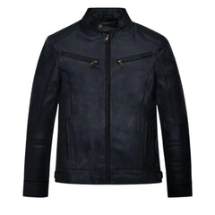 Men's Black Leather Zip Chest-Pocket Jacket