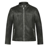 Dark Leather Collar-Tab Zippered Pocket Jacket