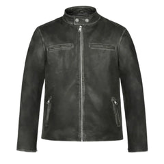 Dark Leather Collar-Tab Zippered Pocket Jacket