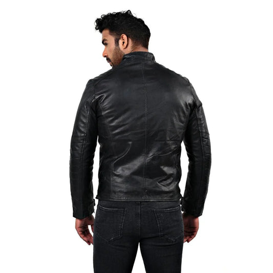 Men's Black Belted Waist Leather Jacket