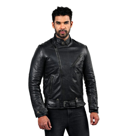 Men's Black Belted Waist Leather Jacket