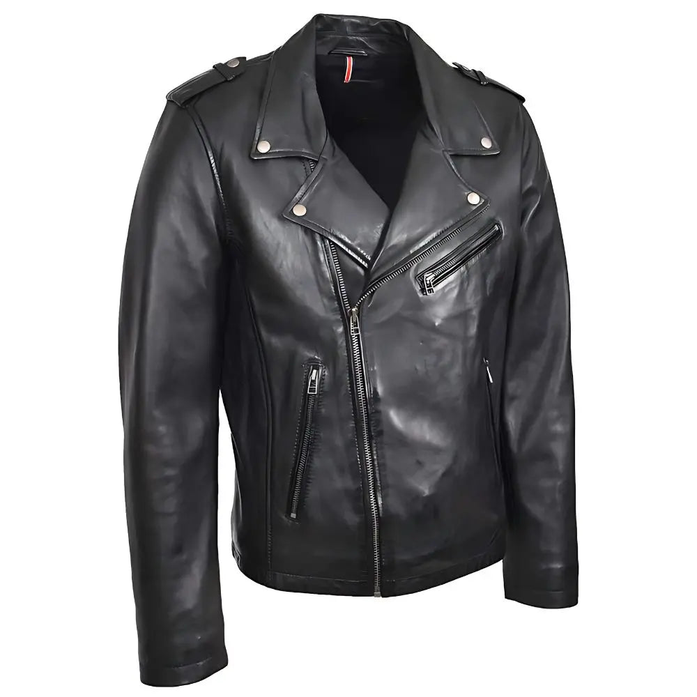 Men's Black Brando Biker Cross Zip Leather Jacket