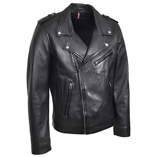Men's Black Brando Biker Cross Zip Leather Jacket