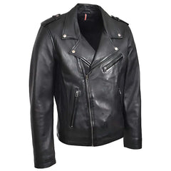 Men's Black Brando Biker Cross Zip Leather Jacket