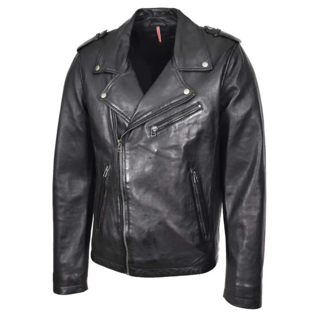 Men's Black Brando Biker Cross Zip Leather Jacket