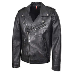 Men's Black Brando Biker Cross Zip Leather Jacket