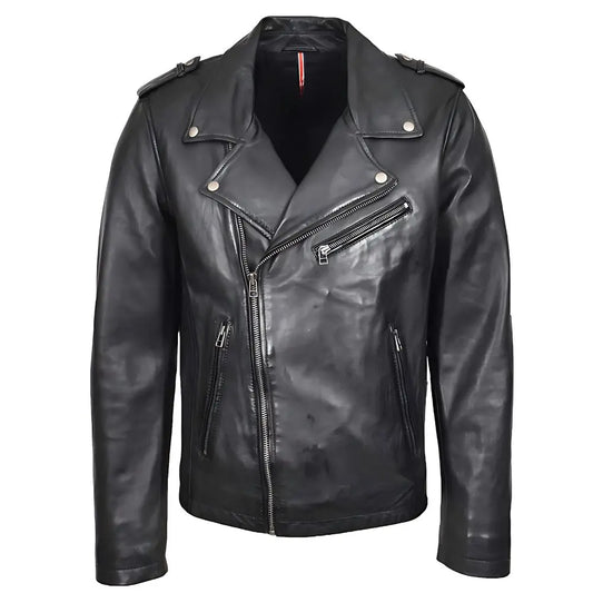 Men's Black Brando Biker Cross Zip Leather Jacket