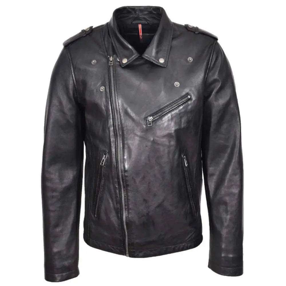 Men's Black Brando Biker Cross Zip Leather Jacket