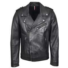 Men's Black Brando Biker Cross Zip Leather Jacket
