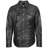 Men's Black Button-Up Leather Shirt Jacket