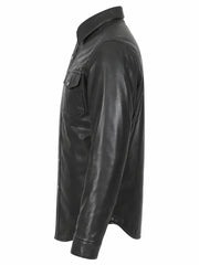 Men's Black Button-Up Leather Shirt Jacket