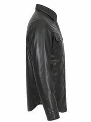 Men's Black Button-Up Leather Shirt Jacket