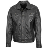 Men's Black Button-Up Leather Trucker Jacket