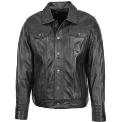 Men's Black Button-Up Leather Trucker Jacket