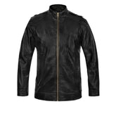 Men’s Black Casual Leather Jacket with Band Collar