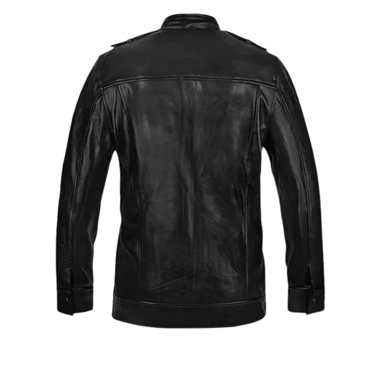 Men’s Black Casual Leather Jacket with High Collar