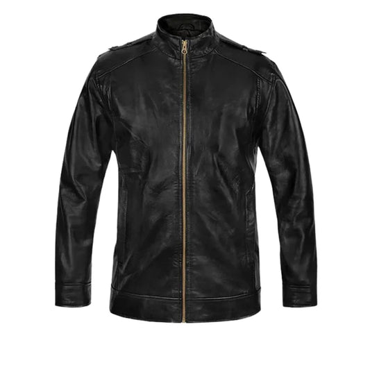 Men’s Black Casual Leather Jacket with High Collar