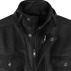Men’s Black Field Leather Jacket with Four Pockets