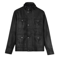 Men’s Black Field Leather Jacket with Four Pockets