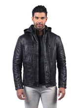 Men’s Black Hooded Leather Jacket Front