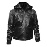 Men’s Black Hooded Zipper Leather Jacket