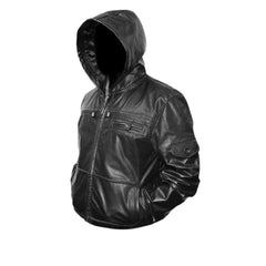 Men’s Black Hooded Zipper Leather Jacket