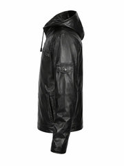 Men’s Black Hooded Zipper Leather Jacket Left