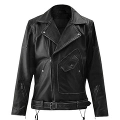 Men’s Black Lace-Up Belted Leather Jacket