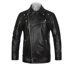 Men’s Black Leather Jacket with Belted Waist
