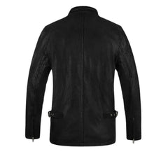 Men’s Black Leather Jacket with Dual Stripe Design