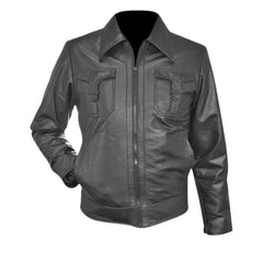 Men’s Black Leather Jacket with Flap Chest Pockets