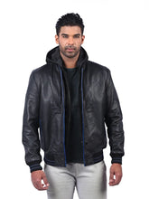Men’s Black Leather Jacket with Hoods Front