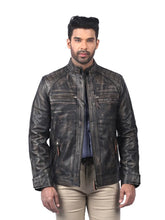 Men’s Black Leather Jacket with Quilted Shoulders Front