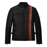 Men’s Black Leather Jacket with Red and Tan Stripes