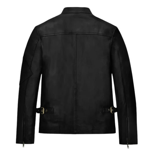 Men’s Black Leather Jacket with Red and Tan Stripes