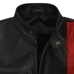 Men’s Black Leather Jacket with Red and Tan Stripes