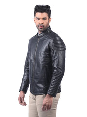 Men’s Black Leather Jacket with Ribbed Panels Left