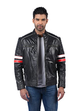 Men’s Black Leather Jacket with Stripe Sleeves Full