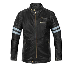 Men’s Black Leather Jacket with Stripes